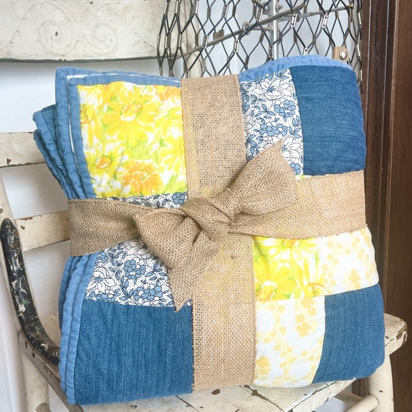 Greenchild Creations Other - ⭐️HPx2⭐️ NEW Handmade Patchwork throw quilt, yellow and denim blue